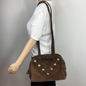 Sepcoeur Paris Gold Elephant Purse w/Pouch Brown Suede Bowling Bag Vtg